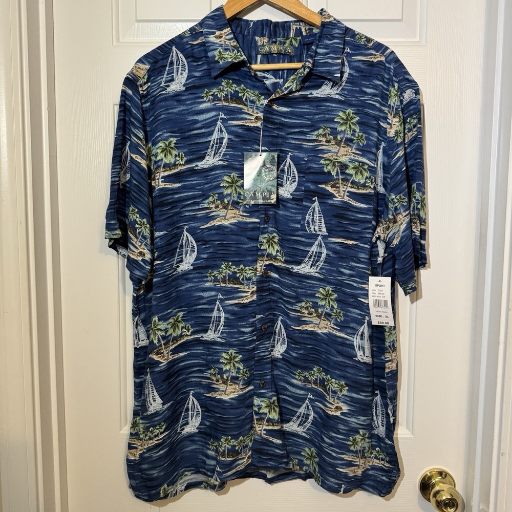 Campia Hawaiian Button Shirt Sailboats Tropical Island Rayon Adult XL